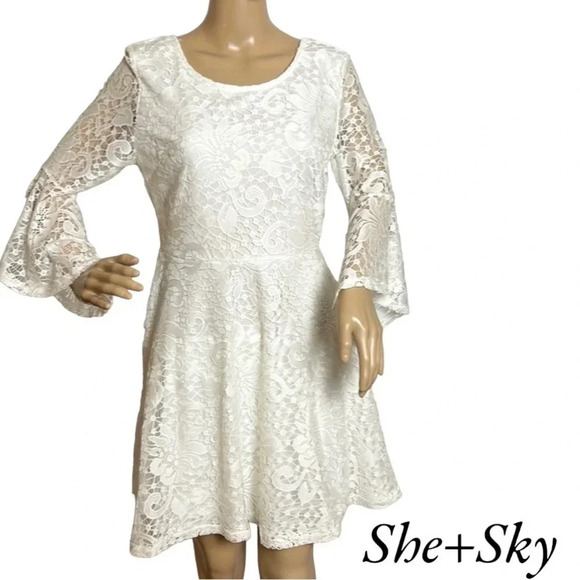 She & Sky NWT !fit&Flare lace dress, floral lace,sheer,lined,bell,zip,white - Picture 1 of 14